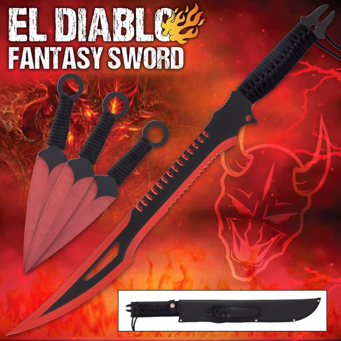 El Diablo Sword And Kunai Set And Sheath - One-Piece Stainless Steel Construction, Cord-Wrapped Grip, Three Throwing Knives