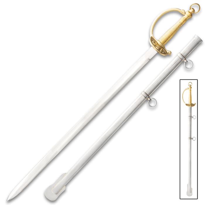 Civil War Officer Sword With Scabbard - Carbon Steel Tempered Blade, Display Edge, Brass Handle And Guard - Length 39”