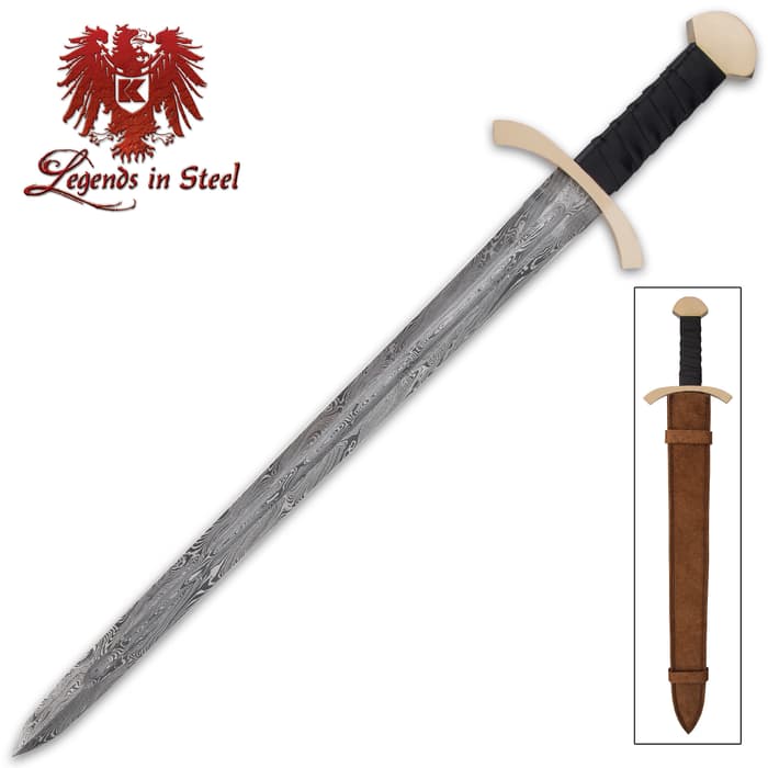 Black Knight Sword And Scabbard - Damascus Steel Blade, Leather-Wrapped Handle, Brass Handguard And Pommel