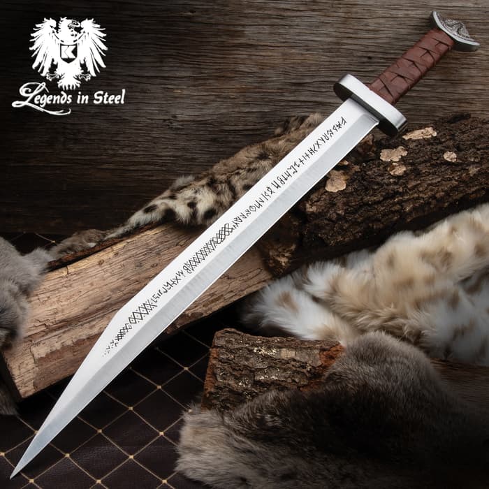Legends In Steel Viking Seax Sword And Scabbard - One-Piece Carbon Steel Construction, Leather-Wrapped Handle - Length 30”