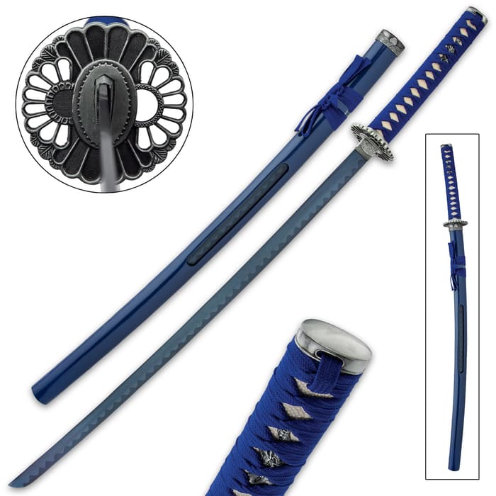Samurai Blue Warrior Katana And Open Scabbard - Stainless Steel Blade, Cord-Wrapped Handle, Metal Tsuba - Length 40”