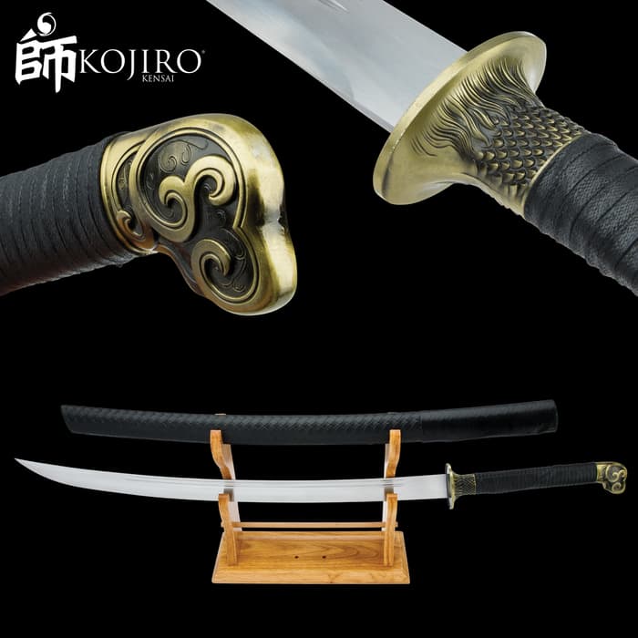 It has a 27 1/2” high-quality manganese steel blade, which extends from an antiqued metal alloy tsuba with a scaled design