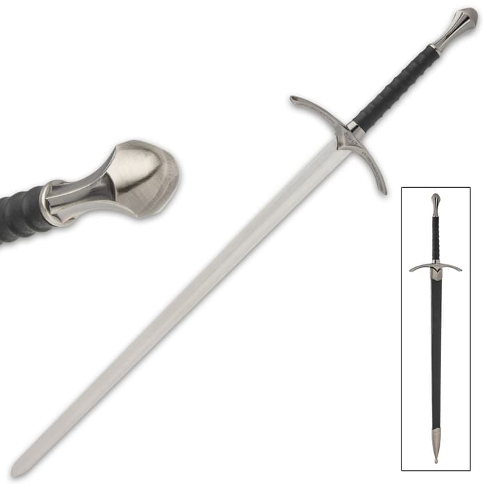 Wizard’s One-Handed Sword And Scabbard - Stainless Steel Blade, Genuine Black Leather Grip - Length 37 3/4”