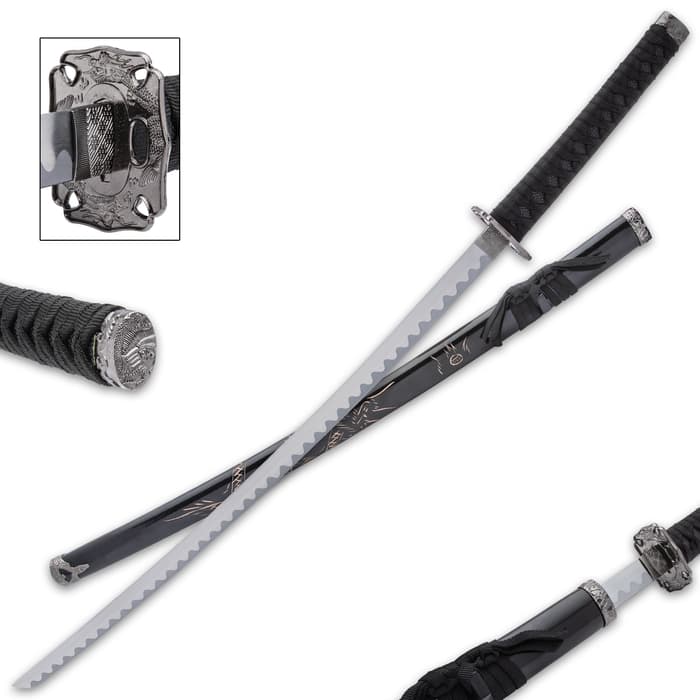 Black Dragon Katana And Scabbard - Carbon Steel Blade, Cord-Wrapped Handle, Faux Rayskin, Metal Tsuba - Length 37”