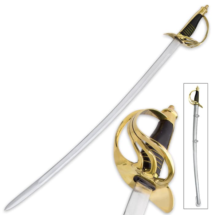 Replica 1860 Light Calvary saber shown in full, inside matching nickel plated steel scabbard, and with detailed look at the leather wrapped handle with brass guard.
