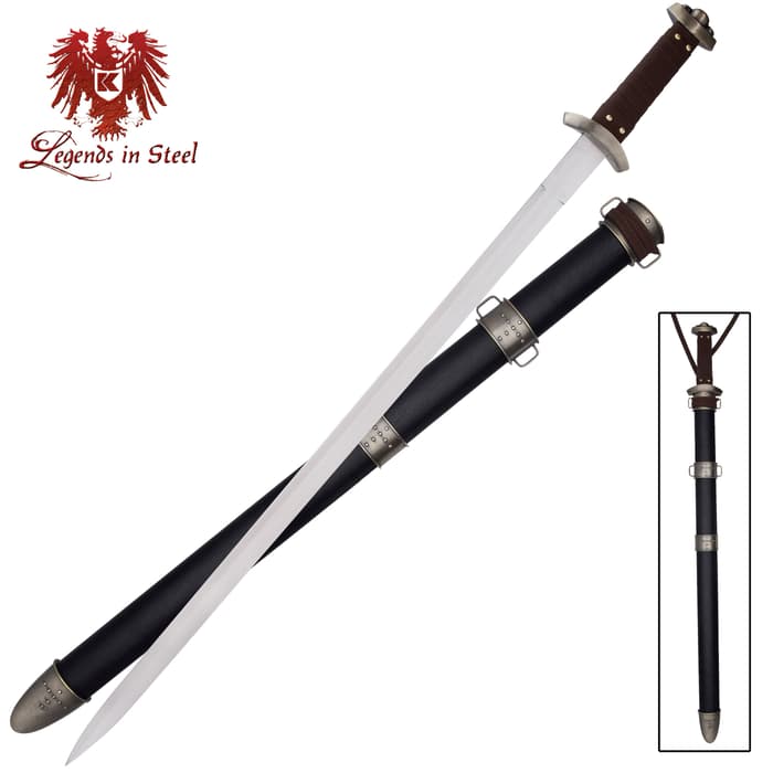 Legends in Steel Classic Viking Long Sword with brown suede leather wrapped handle and matching scabbard.