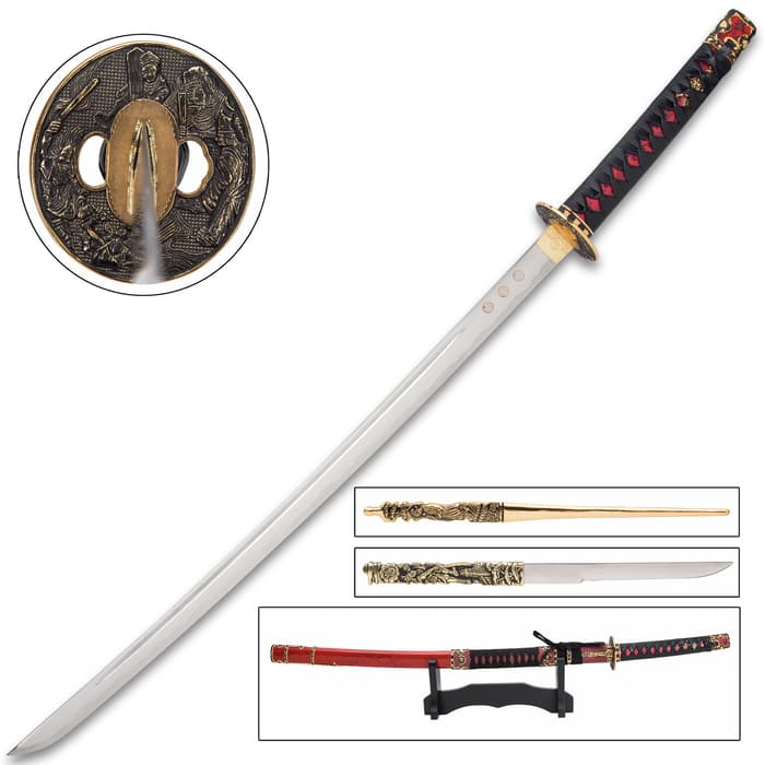 Art Gladius Tokagawa Katana With Stand - Carbon Steel Blade, Wooden Handle, Leather And Brass Accents - Length 39 1/4”