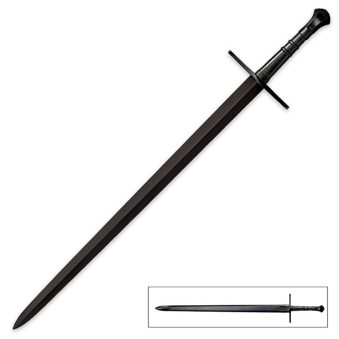 Cold Steel MAA Hand-And-A-Half Sword has a blued blade with a gunmetal finish, black leather handle, and matching scabbard. 