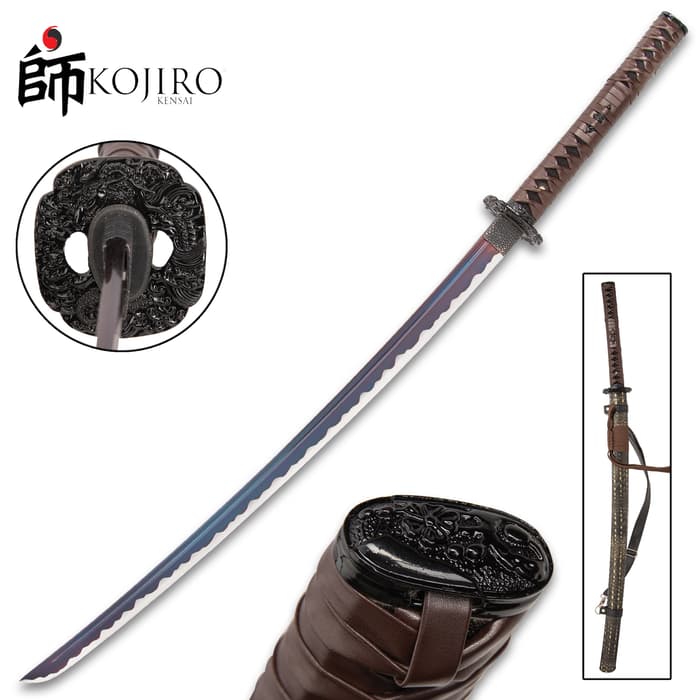 Kojiro® Kraken Katana With Scabbard - Carbon Steel Blade, Hardwood Handle, Leather-Wrapped Grip - Length 39”