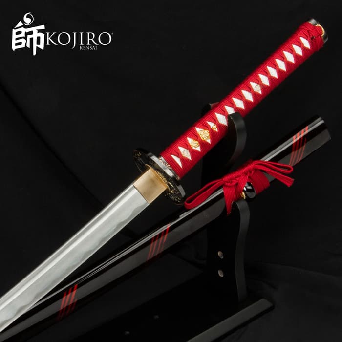 Kojiro Crimson Katana And Scabbard - 1045 Carbon Steel Blade, Cord-Wrapped Handle, Metal Tsuba - Length 41”