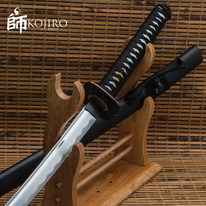 Kojiro Ebony Katana And Scabbard - 1045 Carbon Steel Blade, Cord-Wrapped Handle, Metal Tsuba - Length 41”