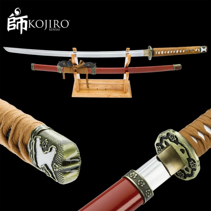 Kojiro Earth Warrior Katana And Scabbard - Manganese Steel Blade, Cord-Wrapped Hardwood Handle - Length 40 1/2”