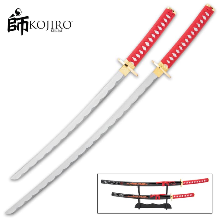 The Kojiro Chinese Sea Serpent Sword Set includes both a katana and a wakizashi with a premium wooden stand