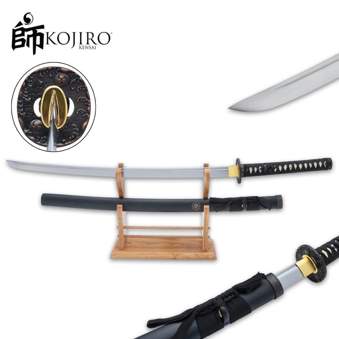 Kojiro Black Gankyil Samurai Katana And Scabbard - 1045 Carbon Steel Blade, Hardwood Handle, Genuine Rayskin - Length 39”