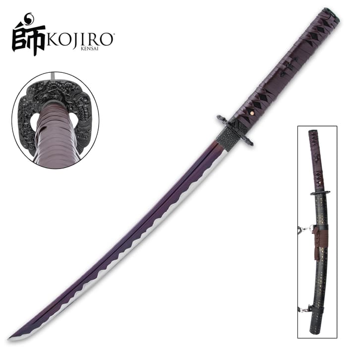 Kojiro® Kraken Wakizashi With Scabbard - Carbon Steel Blade, Metal Alloy Tsuba, Leather Wrapped Handle - Length 30 1/2”