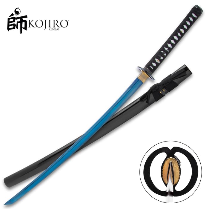 The Kojiro Katana shown in and out of its sheath and with a closeup of the tsuba