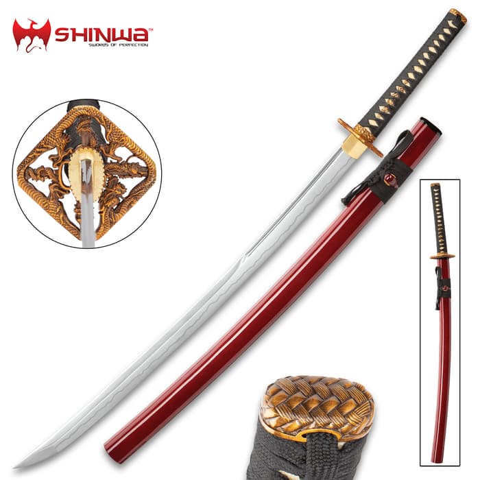 Shinwa Blood Dragon Katana And Scabbard - 1045 Carbon Steel Blade, Genuine Rayskin, Brass Habaki, Cast Metal Fittings - Length 39 1/2”