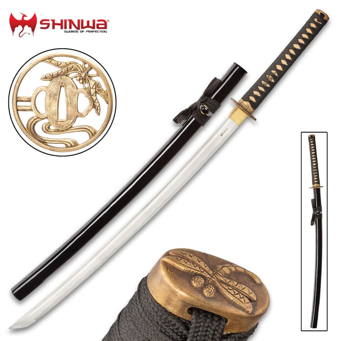 Shinwa Black Dragonfly Katana And Scabbard - Hand-Forged 1045 Carbon Steel Blade, Hardwood Handle, Genuine Rayskin - Length 39”