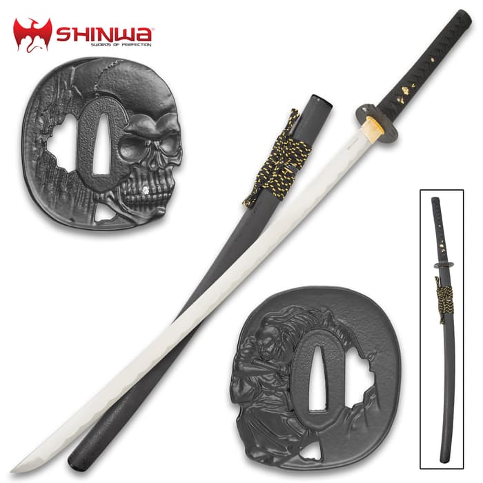 Katana with rayskin and wood grip lays atop scabbard showcase 1045 carbon steel blade extended from skull and samurai tsuba
