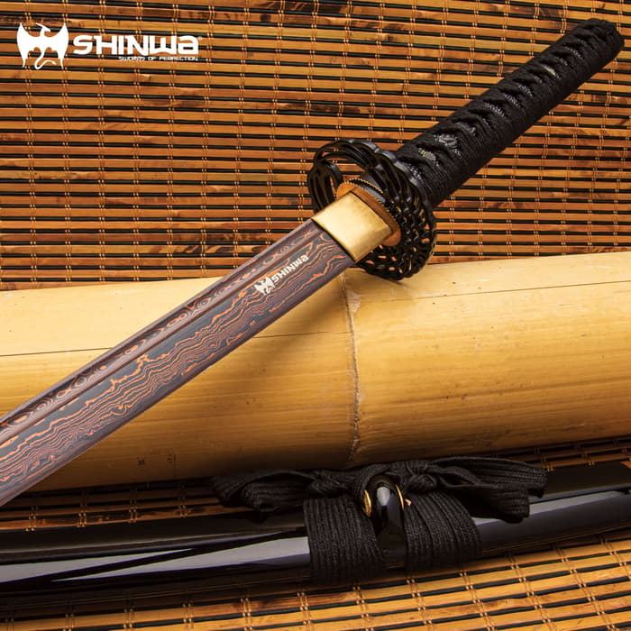 Shinwa HellFyre Damascus Royal Warrior Katana - Hand-Forged Damascus Steel Blade, Hardwood Handle, Black Cord Wrap