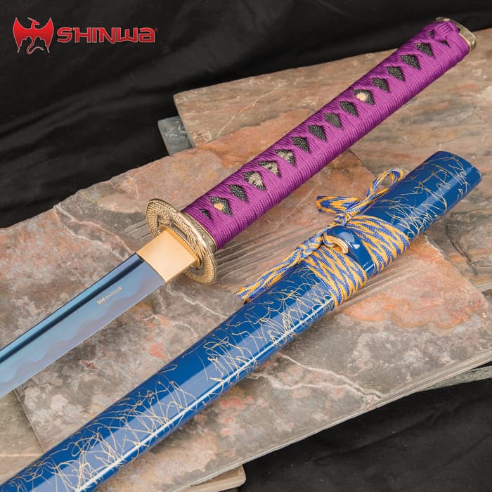 Shinwa Purple Serpent Katana And Scabbard - 1045 Carbon Steel Blade, Genuine Rayskin, Hardwood Handle, Metal Alloy Tsuba - Length 41”