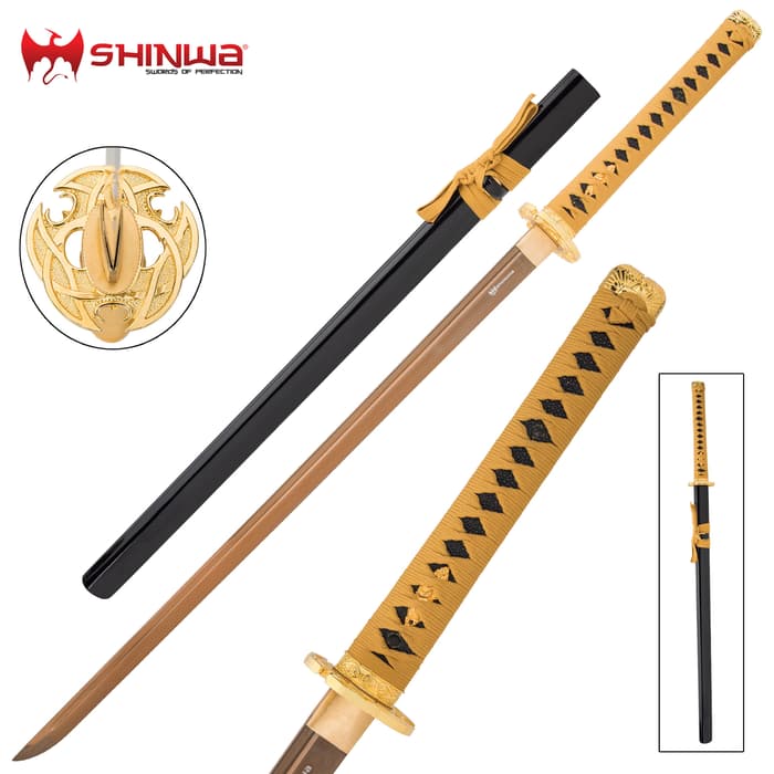 A sword that has been meticulously hand-forged using ancient, time-honored tempering techniques that give it a custom look