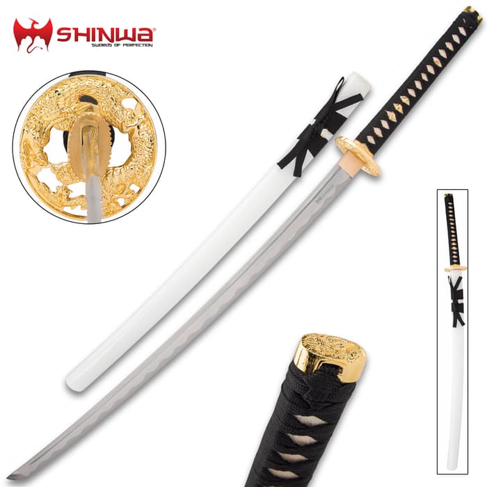 Handmade sword with 1045 carbon steel next to white scabbard with rayskin handle adjacent to zoomed view of cast metal tsuba

