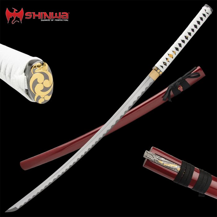 Shinwa Crimson Hariken Katana With Knife And Scabbard - Full-Tang High Carbon Steel Blade, Hardwood Handle