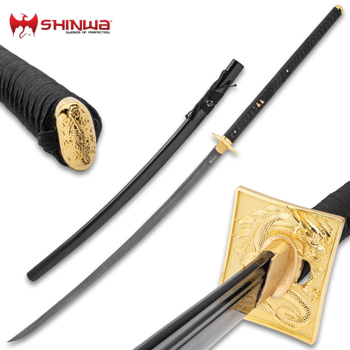 Shinwa Golden Dragon Odachi Sword And Scabbard - Damascus Steel Blade, Gold-Plated Fittings, Genuine Rayskin - Length 60” 