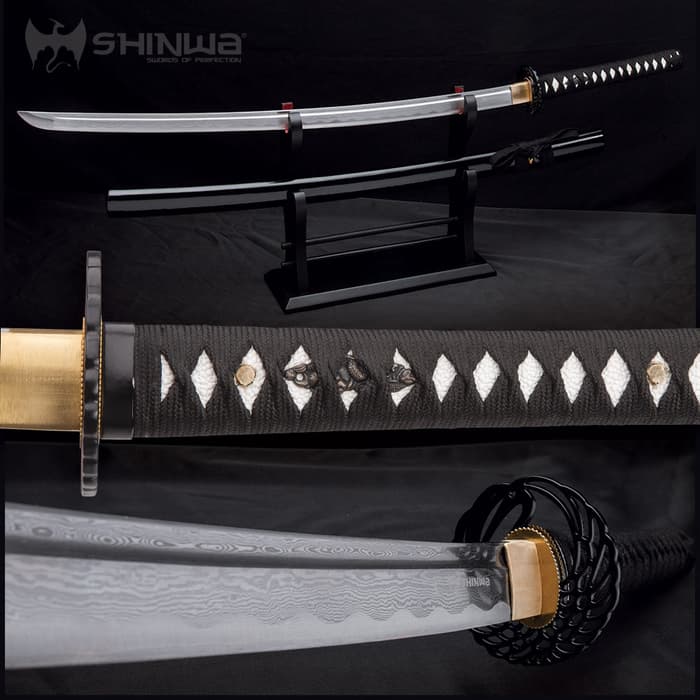 Various zoomed views showing the shinwa handmade katana with damascus steel blade displayed on wooden stand wrapped handle
