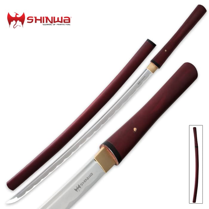 Shinwa Red Satin Shirasaya shown with sword next to the red scabbard and detailed view of the blade. 