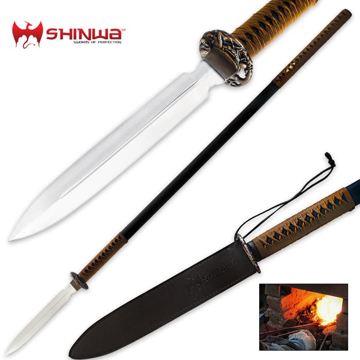 Shinwa Double Edged Warrior Spear shown with zoomed view of the carbon steel double edged blade and cord wrapped handle. 
