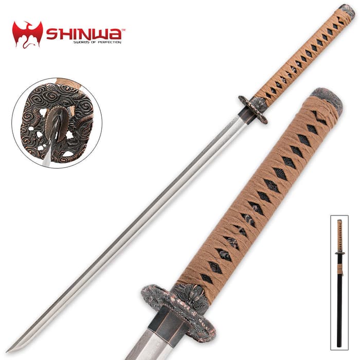 Shinwa Royal Zatoichi sword shown in full and with detailed looks at the ornate zinc tsuba and brown nylon cord wrapped handle. 
