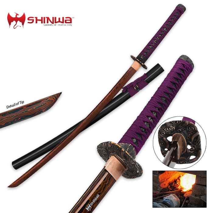 Shinwa katana shown with purple cord wrapped handle, Damascus steel blade, and ornate bronze colored tsuba. 