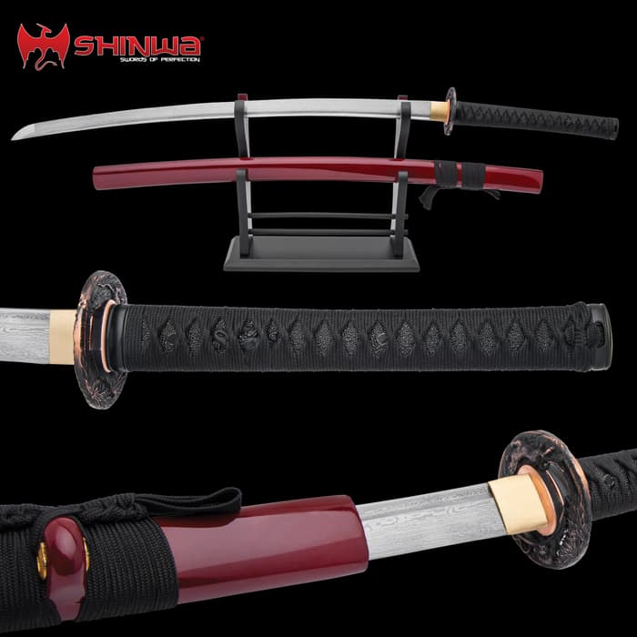 Shinwa Katana on black wooden display with maroon sheath, close view of nylon cord wrapped handle, and showcasing the Damascus steel blade. 