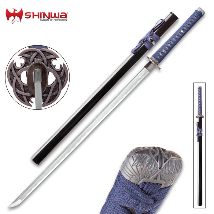 Shinwa Blue Knight katana shown from various views, with detailed look at ornate guard, detailed pommel and black lacquered scabbard. 