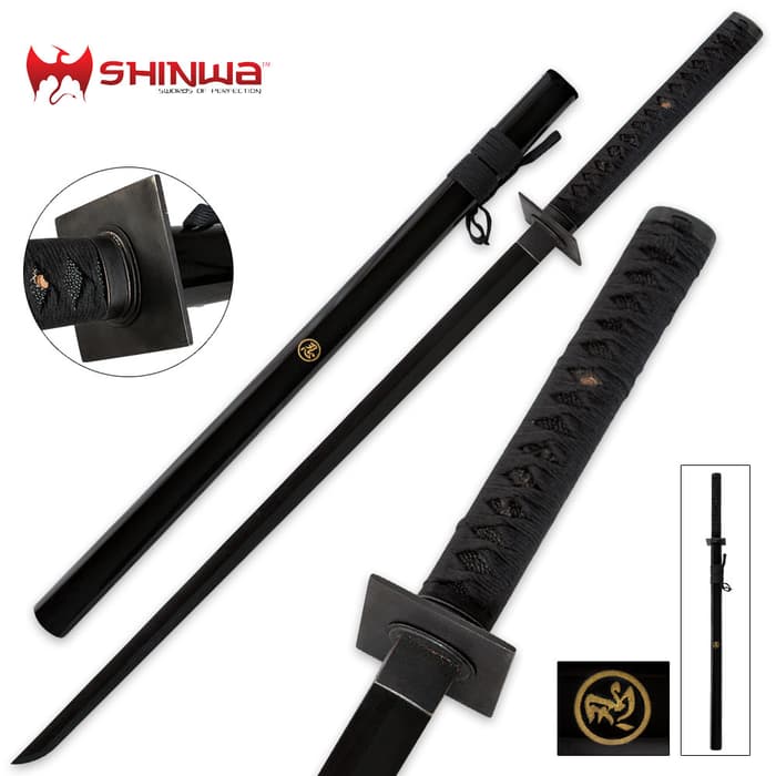 Shinwa Fighting Ninja Katana shown with black tsuba, scabbard, wrapped handle, and dark carbon steel blade. 