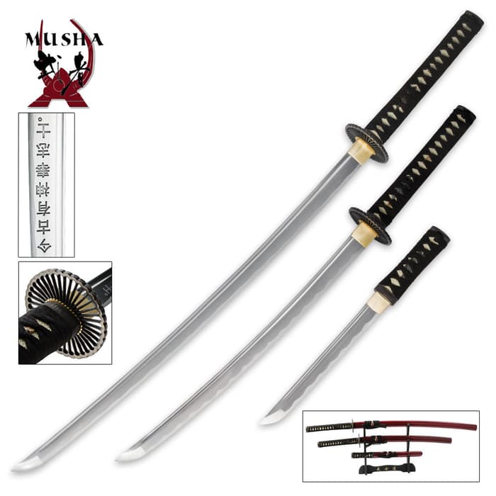 Musha three piece Samurai sword set shown side by side with zoomed views of the engraved blade and floral-like pommel. 