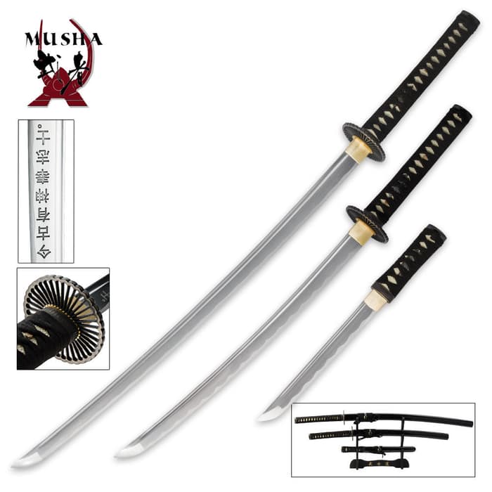 Musha Samurai Sword Set shown with all three swords and detailed views of the engraved blade and floral-like tsuba. 