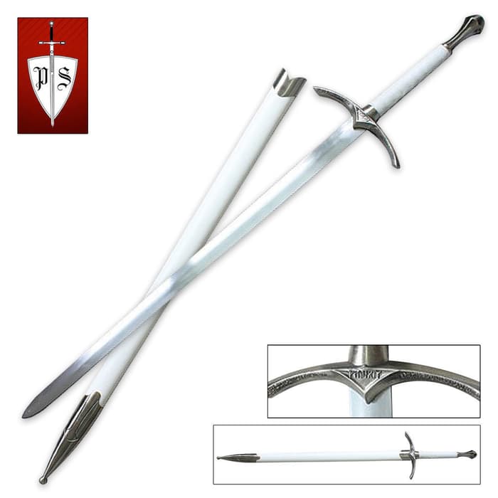 One handed wizard sword shown with mirror polished stainless steel blade, white leather wrapped handle, and engraved guard. 