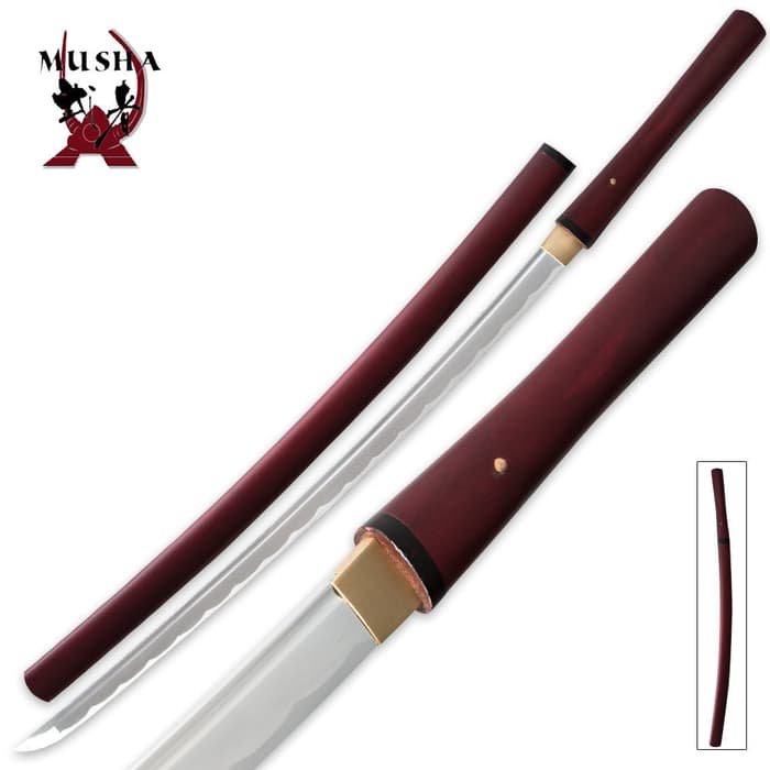 Musha Bushido Crimson Rain Shirasaya shown with crimson red handle and coordinating scabbard. 