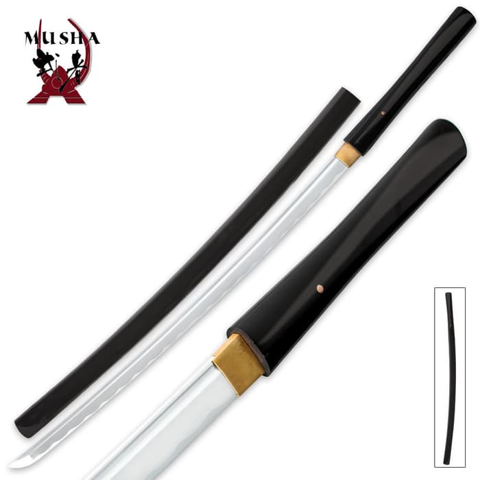 Musha Black Shirasaya has a glossy black hardwood handle with matching scabbard and a full-tang carbon steel blade. 