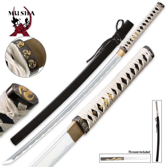 Musha Bushido Zetsurin Samurai Sword from various angles with detailed looks at the mitsudomoe design on the hilt. 