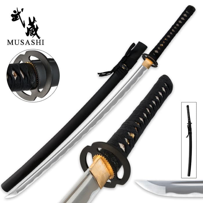 Musashi Bushido Katana shown alongside black scabbard with detail look at the tsuba and high carbon steel blade. 
