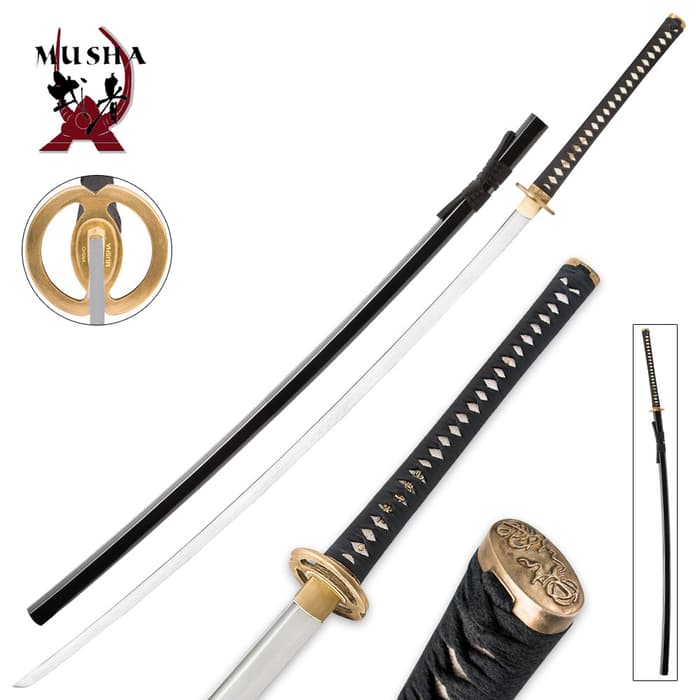 Musha Samurai Odachi Sword has a copper-tone tsuba, ornate pommel, and glossy black scabbard. 