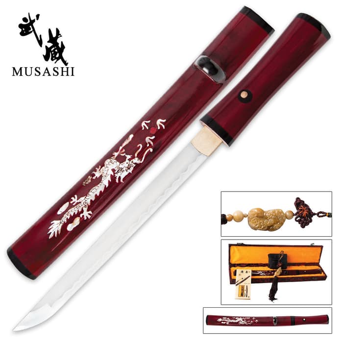 Crimson Red & Mother of Pearl Dragon Carbon Steel Samurai Tanto Sword