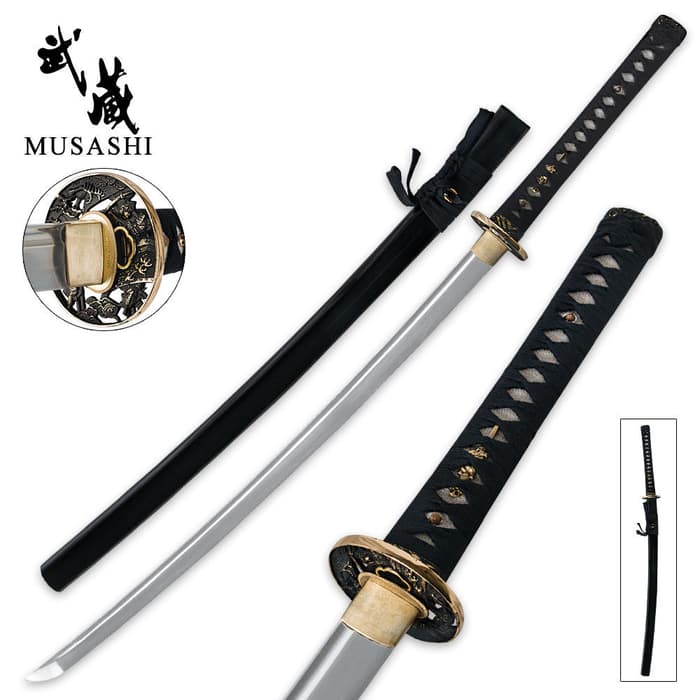 Musashi Clay Tempered Katana shown next to black scabbard with detailed views of the antique finished tsuba and ray skin handle. 