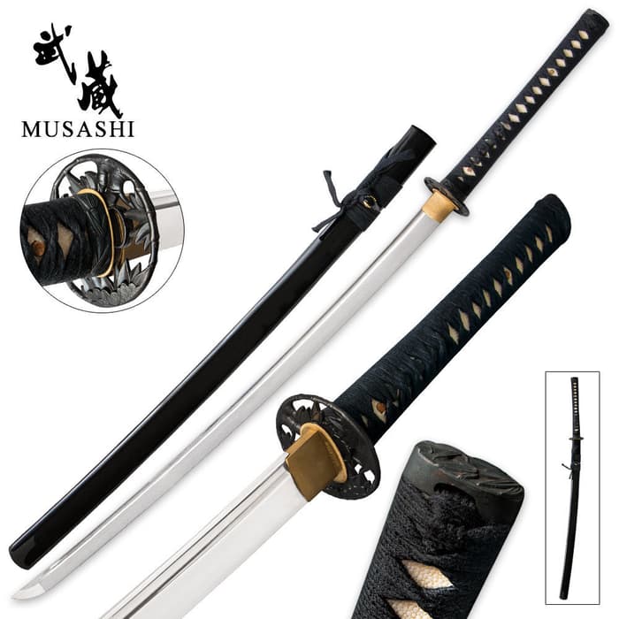 Musashi Bamboo Warrior Sword shown with bamboo design steel tsuba, black glossy scabbard and black cord wrapped handle. 