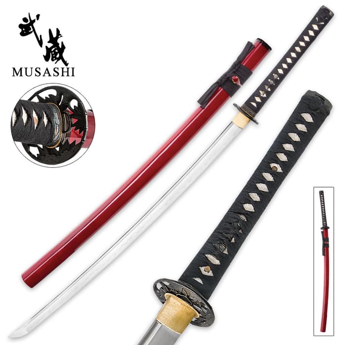 Musashi katana shown beside red glossy scabbard with detailed shots of the cord wrapped handle and antique-finished tsuba. 