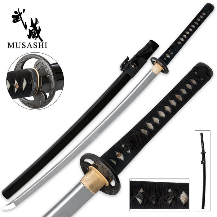 Musashi Whirlwind Katana from various views with detailed looks at the tsuba, handle and black scabbard. 
